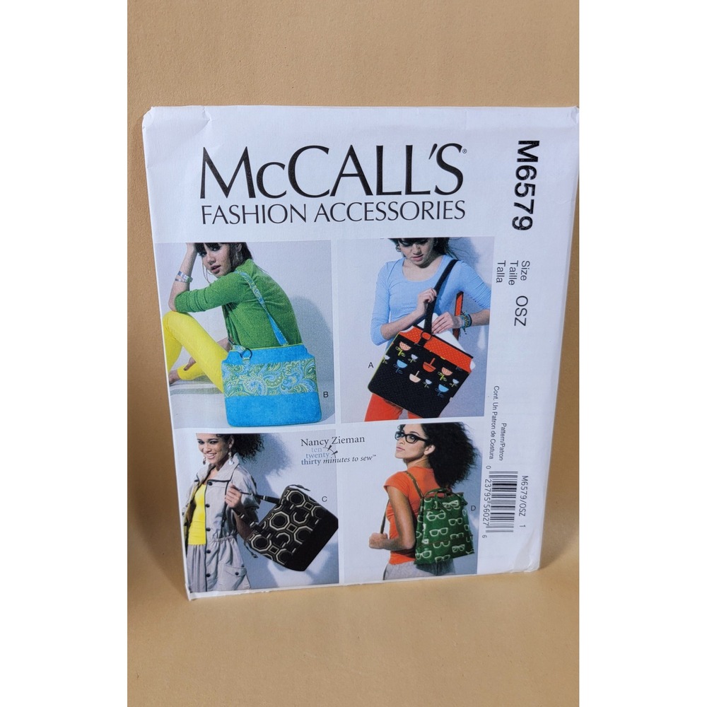 McCalls M6579 Nancy Zieman Tote Bag Backpack Sewing Pattern Uncut OSZ Accessory